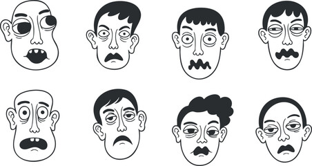 A collection of diverse facial expressions in black and white line art vector style, suitable for graphic design and creative projects