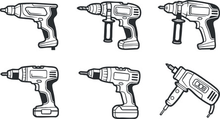 A set of electric drills in black and white outline vector style, perfect for construction and DIY projects