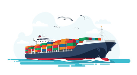 Fototapeta premium Large container cargo ship sailing on the blue ocean, transporting goods globally under a sky with clouds and seagulls flying.