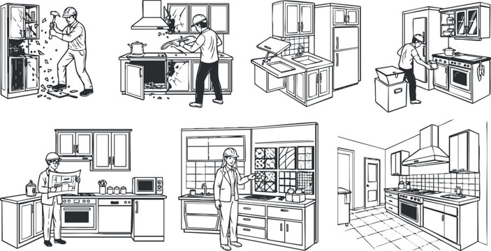 A collection of kitchen renovation illustrations depicting various tasks like cleaning, organizing, and installing appliances in outline vector style, suitable for home improvement projects