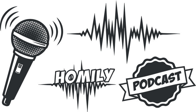 A microphone with sound waveforms and podcast elements in black and white flat vector style, ideal for media branding and promotional materials
