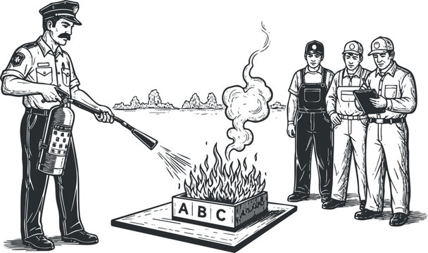 A firefighter extinguishing a fire with an extinguisher while a group of workers observes in black and white vintage vector style, ideal for safety training materials
