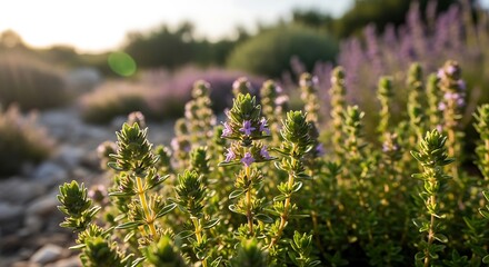 Obraz premium Close up of blooming thyme plants in a garden with sunlight and lavender flowers