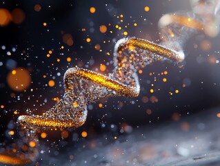 An abstract representation of a DNA strand composed of glowing particles against a dark background, with bokeh effects.