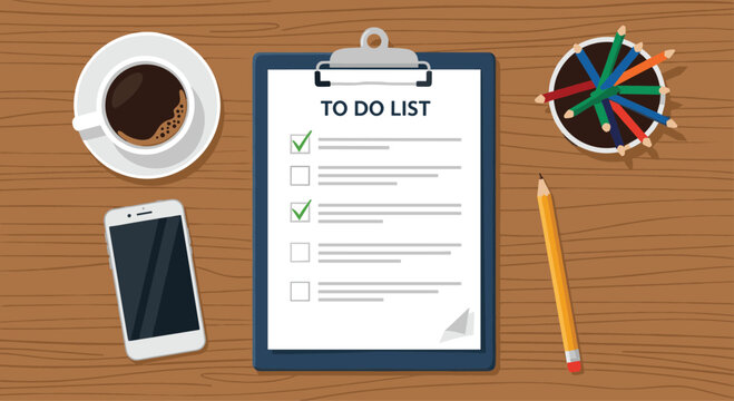 Top-down view of a wooden desk with a to-do list on a clipboard, coffee, smartphone, and a pot of colored pencils.
