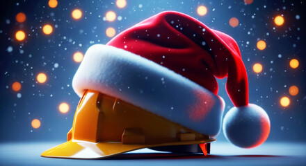 Santa hat on a yellow construction hard hat with snow falling. Christmas safety concept for building industry and workers. Holiday season.