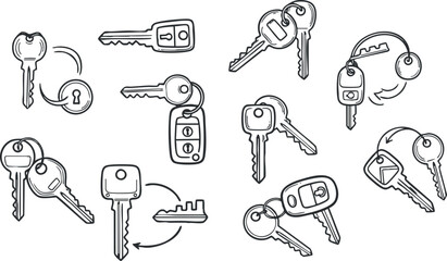 Fototapeta premium A set of outline keys and keychains in minimalist vector style, suitable for home security and design projects