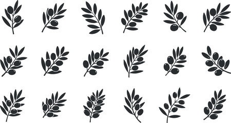 Naklejka premium A collection of olive branches and leaves in black silhouette vector style, perfect for food packaging and organic branding