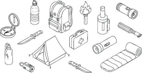A collection of camping and survival gear icons including a backpack, tent, flashlight, and knife in outline vector style, suitable for outdoor adventure themes