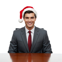 Smiling businessman sitting on chair and wearing a santa hat isolated white or transparent background