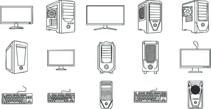A collection of computer components including monitors, desktop cases, and keyboards in black and white outline vector style, ideal for tech-related design projects