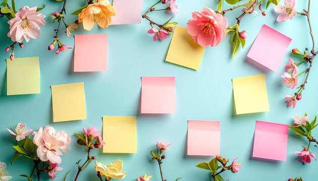 Spring Blossom Branches With Pink Yellow Green Sticky Notes Arranged On A Light Blue Textured Background With Soft Natural Light Ideal For Notes And Reminders