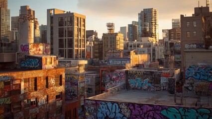 Vibrant Urban Cityscape with Graffiti-Adorned Buildings at Sunset in a Bustling Metropolis