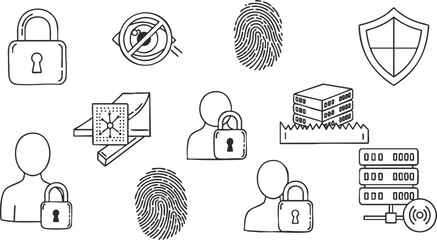 A collection of security icons including locks, fingerprints, shields, and user symbols in outline vector style, ideal for cybersecurity and privacy themes