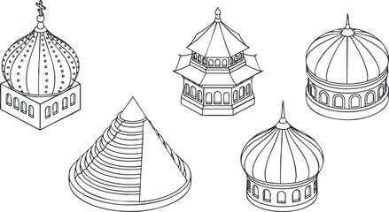 A collection of five architectural dome designs in outline vector style, suitable for cultural and historical projects