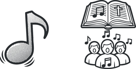 A music note and an open book with singing figures in black and white vector style, suitable for educational materials or music-related projects
