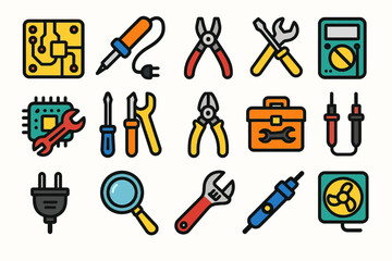 Obraz premium Colorful electronics and tools icons collection for technology and repair enthusiasts