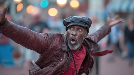 Expressive Street Performer Exudes Energy and Joyful Movement Captured in Vibrant Urban Setting Photography