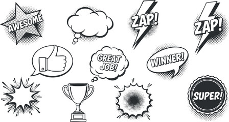 A collection of fun comic-style speech bubbles and icons with phrases like 'Awesome', 'Zap!', and 'Great Job!' in black and white vector style, perfect for creative projects and social media.