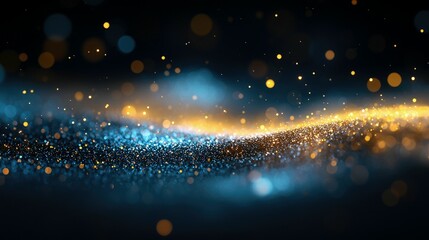 Abstract image of glowing particles flowing across a dark background, with bokeh effect and a sense of movement.