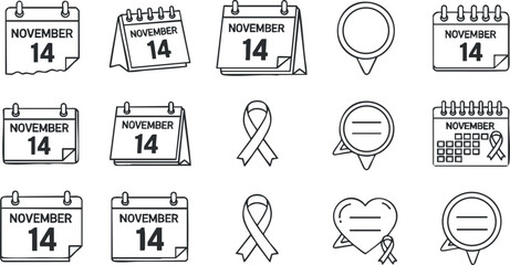 A collection of calendar icons and awareness ribbons for November 14 in minimalist vector style, suitable for event planning and awareness campaigns