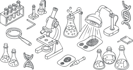 Obraz premium A collection of laboratory equipment including a microscope, test tubes, beakers, and DNA strands in an outline vector style, suitable for educational and scientific themes