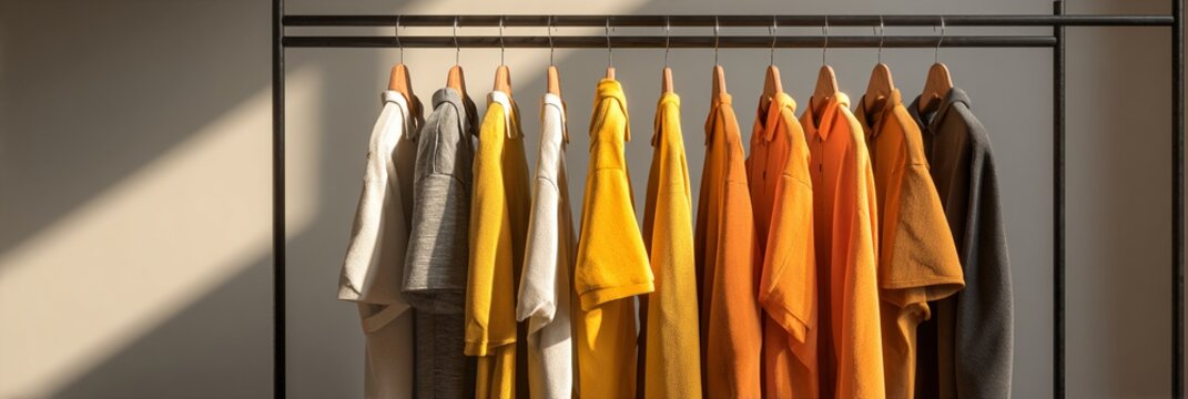 Minimalist wardrobe showcase featuring gradient t-shirts from white to gray, yellow, and orange hues, elegantly arranged on a sleek black clothing rack with soft natural light