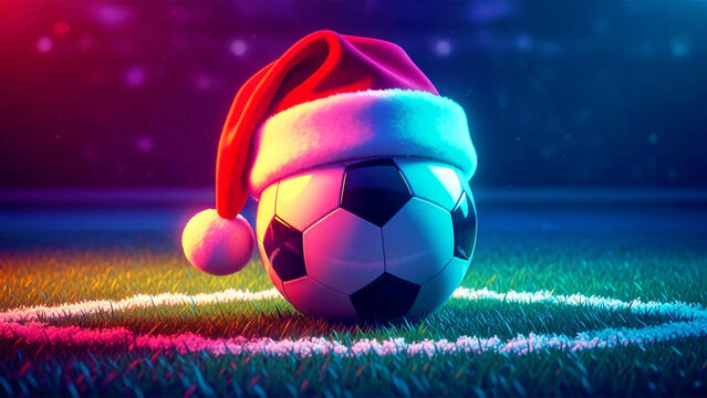 Soccer ball wearing a red Santa hat on a vibrant green field with colorful lighting. Christmas season sport, holiday game concept. - Powered by Adobe