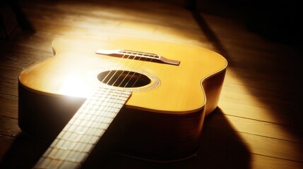 Acoustic guitar centered on a neutral backdrop, highlighting its warm wood tones and simple elegance. tutorial guides, club newsletters, designed for tourism and weekend activity guides.