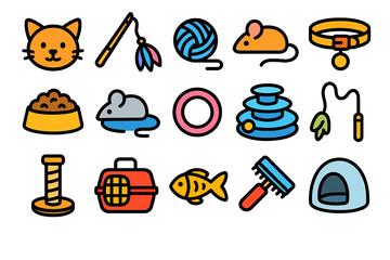 Colorful cat-themed icons featuring toys, accessories, and supplies