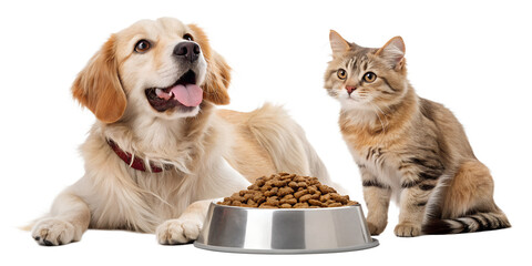 Cute domestic pets eating dry pet food from bowls — a playful  dog and an cat sit together and enjoy their meal. Realistic lighting, high-detail fur, soft shadows, commercial studio style, isolated on