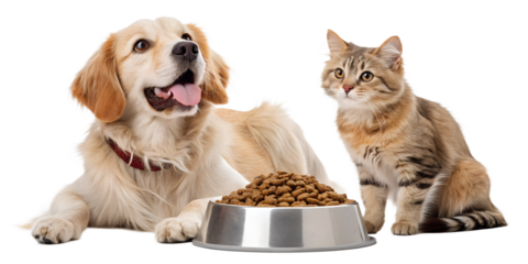 Cute domestic pets eating dry pet food from bowls — a playful  dog and an cat sit together and enjoy their meal. Realistic lighting, high-detail fur, soft shadows, commercial studio style, isolated on