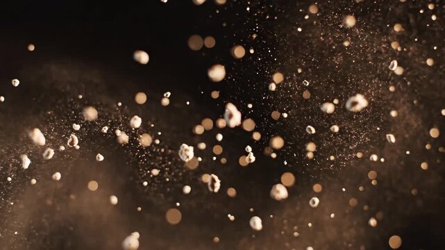 Popcorn explosion on a dark backdrop creates a dynamic, energetic scene perfect for movies, snacks, and fun events