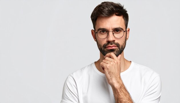 Thoughtful Man With Beard And Glasses Pondering A Serious Decision In A Studio Setting With Soft Lighting