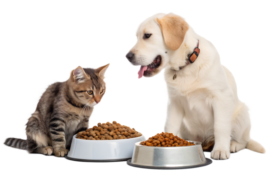 Cute domestic pets eating dry pet food from bowls — a playful  dog and an cat sit together and enjoy their meal. Realistic lighting, high-detail fur, soft shadows, commercial studio style, isolated on