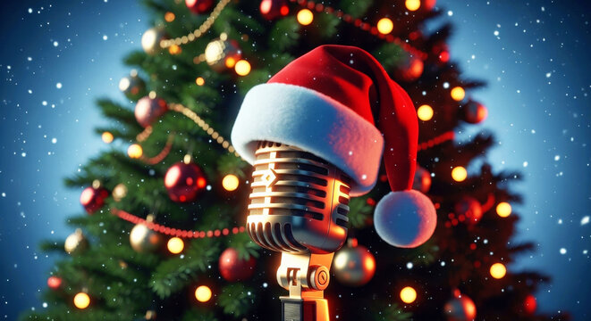 Santa hat on vintage microphone. Christmas music and holiday carols concept. Festive season entertainment and celebration design.