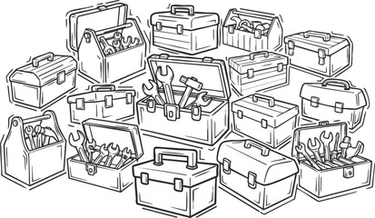 A collection of various toolboxes filled with wrenches and tools in black and white outline vector style, ideal for DIY and repair projects