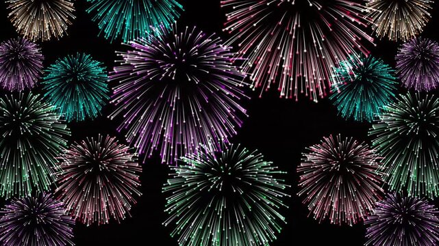 fireworks exploding display animation isolated on the black background, motion overlay for christmas, new year, independence day, and party celebration