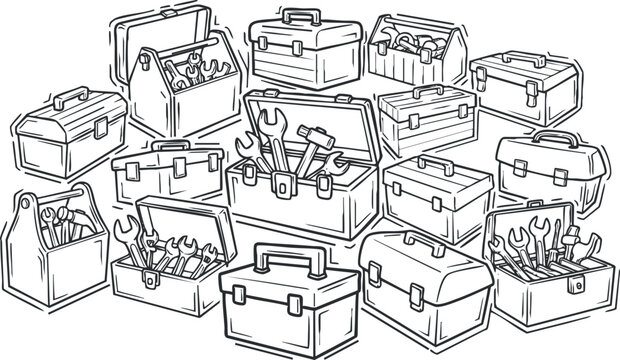 A collection of various toolboxes filled with wrenches and tools in black and white outline vector style, ideal for DIY and repair projects