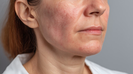 Fototapeta premium Close up of adult woman with rosacea like redness, visible pores, and skin texture on cheek, showing natural aging and mild irritation, neutral expression