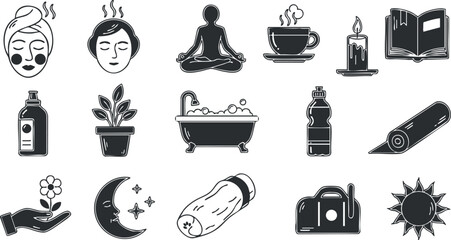 A collection of wellness and relaxation icons including spa elements, meditation, and self-care symbols in black and white vector style, ideal for health and beauty branding