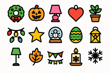 Colorful holiday and seasonal icons collection for festive celebrations