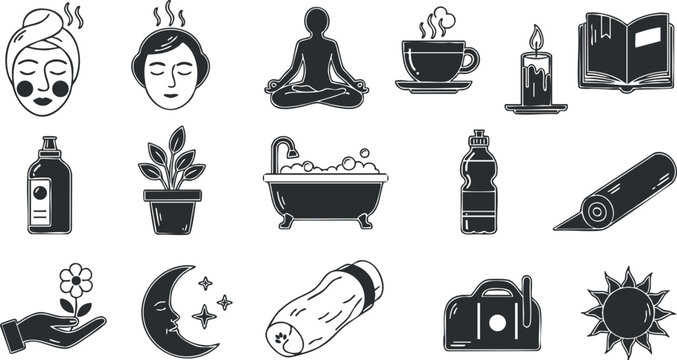 A collection of wellness and relaxation icons including spa elements, meditation, and self-care symbols in black and white vector style, ideal for health and beauty branding