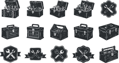 A collection of vintage toolboxes filled with various tools in black and white vector style, ideal for handyman services and DIY projects