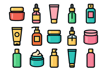 Colorful skincare product icons collection with creams, bottles, and tubes