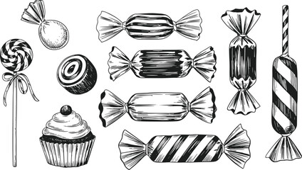 Collection of hand-drawn candies, sweets, lollipops, and cupcakes in vintage engraving style, ideal for bakery design, packaging, menus, and illustrations
