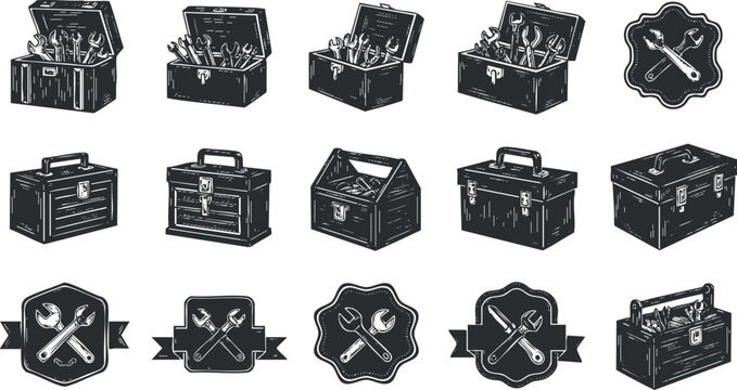 A collection of vintage toolboxes filled with various tools in black and white vector style, ideal for handyman services and DIY projects - Powered by Adobe