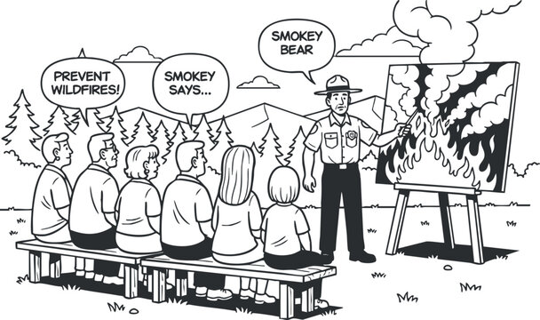 A Smokey Bear character educating an audience about wildfire prevention in black and white cartoon vector style, suitable for awareness campaigns