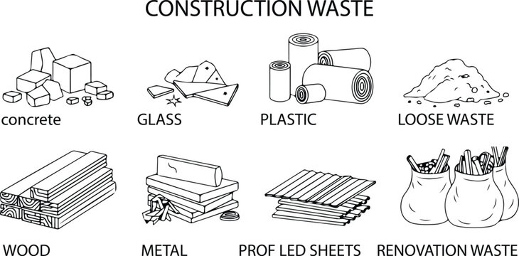 Black line drawing shows concrete, glass, plastic, metal, and wood construction waste