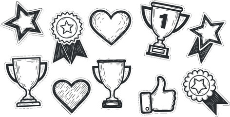 A collection of trophies, stars, hearts, and ribbons in sketch outline vector style, ideal for award and recognition designs